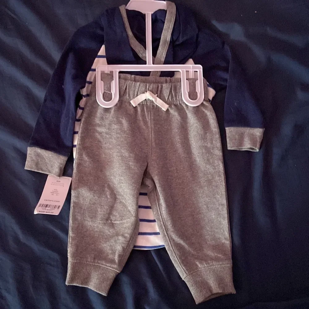 Carter's 2-Piece Baby Outfit Set 6M Gray Blue One Piece & Sweatpants Bundle